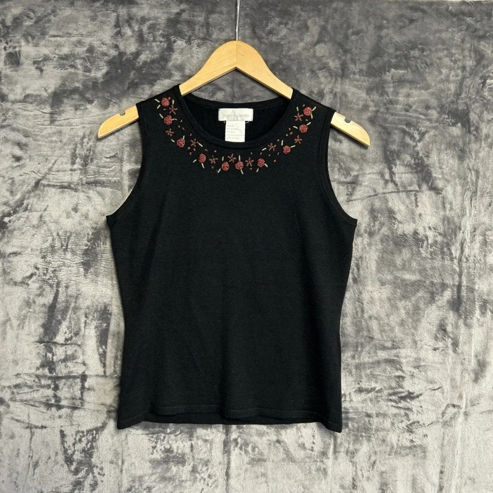 Pierre Cardin Shell Top Women's Small Black Wool Blend Floral Embroidered Preppy